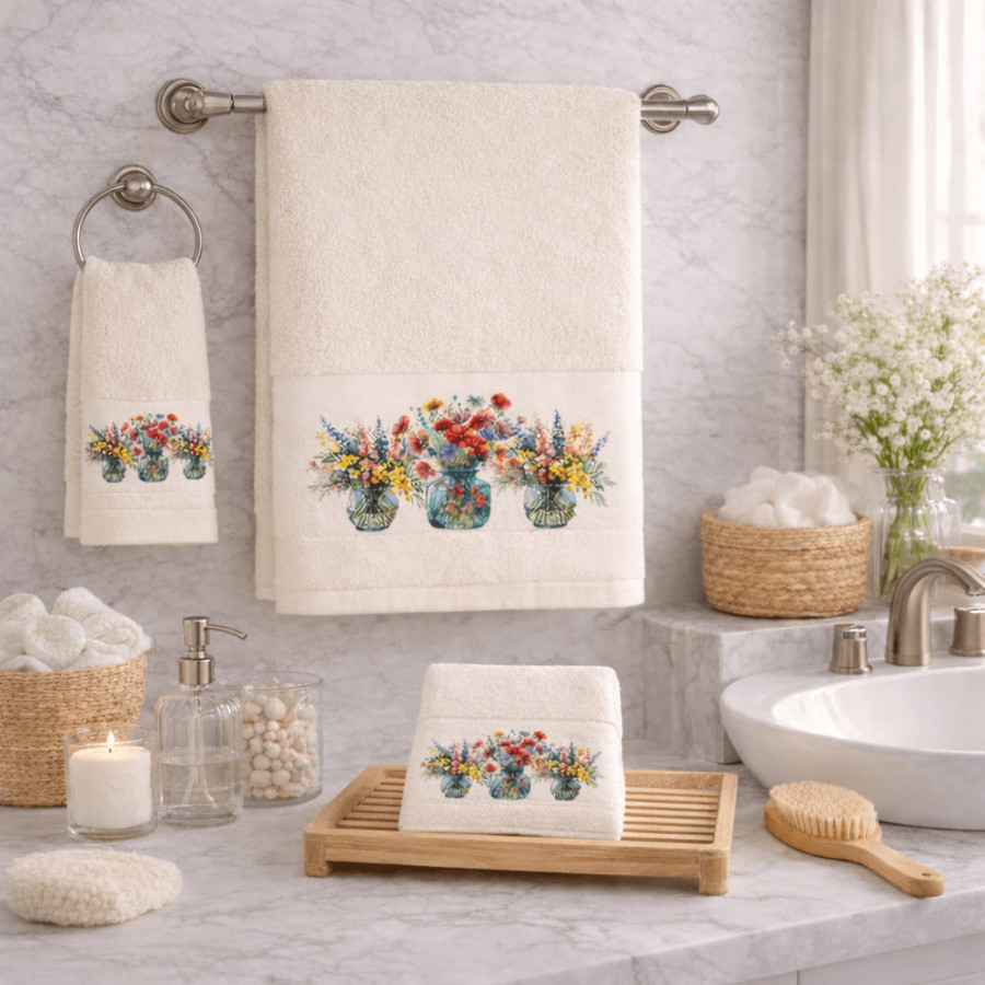 Σετ Πετσέτες 3 τεμ (Χειρός|Προσώπου|Λουτρού) Βαμβάκι Ψηφιακή Εκτύπωση Στη Φάσα Astron Blossom Εκρού