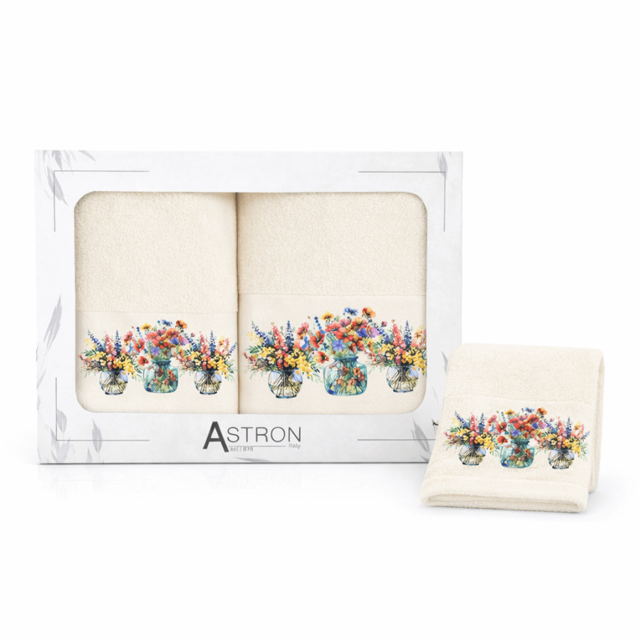 Σετ Πετσέτες 3 τεμ (Χειρός|Προσώπου|Λουτρού) Βαμβάκι Ψηφιακή Εκτύπωση Στη Φάσα Astron Blossom Εκρού