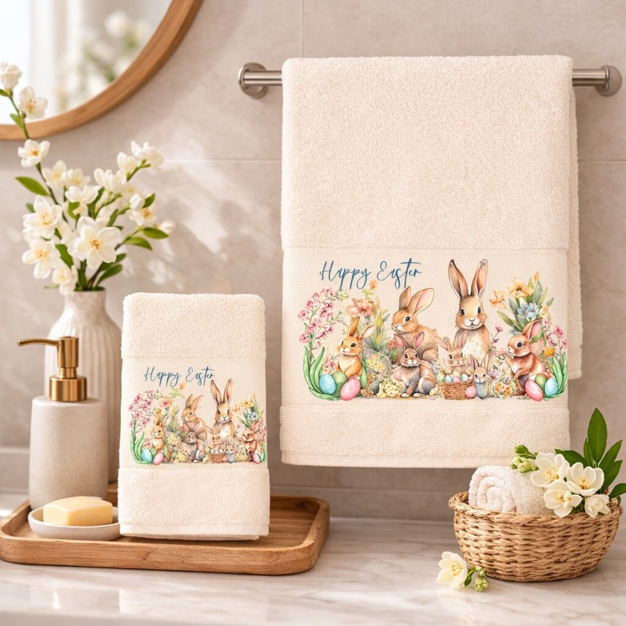 Σετ Πετσέτες 2 τεμ Πασχαλινές (Χειρός|Προσώπου) Βαμβακερές Ψηφιακή Εκτύπωση Astron Rabbit Family