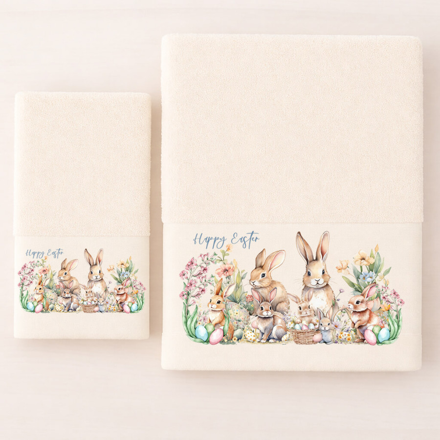 Σετ Πετσέτες 2 τεμ Πασχαλινές (Χειρός|Προσώπου) Βαμβακερές Ψηφιακή Εκτύπωση Astron Rabbit Family