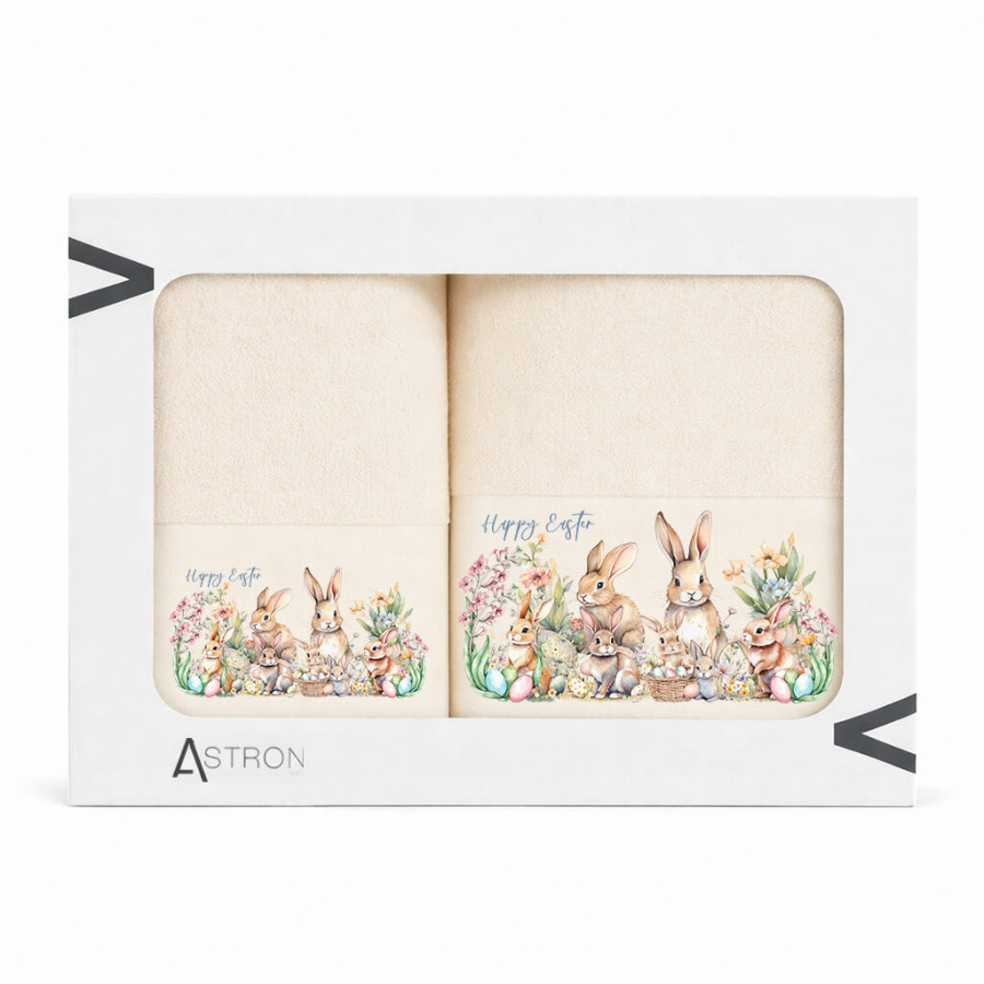 Σετ Πετσέτες 2 τεμ Πασχαλινές (Χειρός|Προσώπου) Βαμβακερές Ψηφιακή Εκτύπωση Astron Rabbit Family