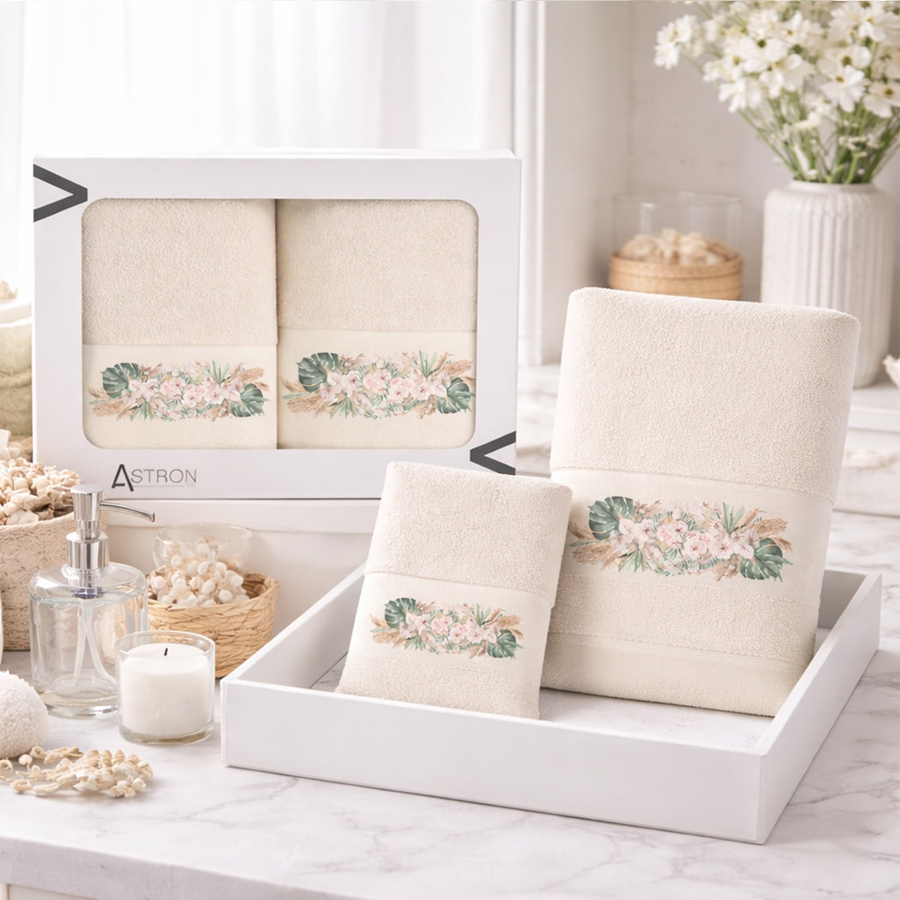 Σετ Πετσέτες 2 τεμ (Χειρός|Προσώπου) Βαμβακερές Ψηφιακή Εκτύπωση Στη Φασα Astron Boho Ecru