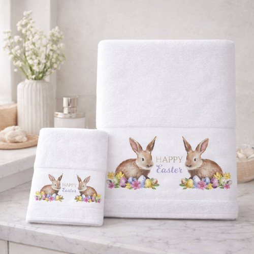 Σετ Πετσέτες 2 τεμ Πασχαλινές (Χειρός|Προσώπου) Βαμβακερές Ψηφιακή Εκτύπωση Astron Easter Bunny