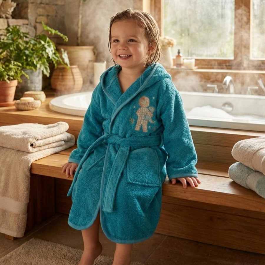 Βρεφικό-Παιδικό Μπουρνούζι (No 1-2) με Κουκούλα και Κέντημα Borea Goodnight Πετρόλ