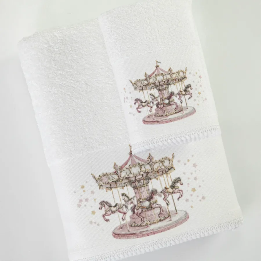 Σετ Πετσέτες 2 τεμαχίων Παιδικές (Χειρός | Λουτρού) Borea Carousel Λευκό-Ροζ