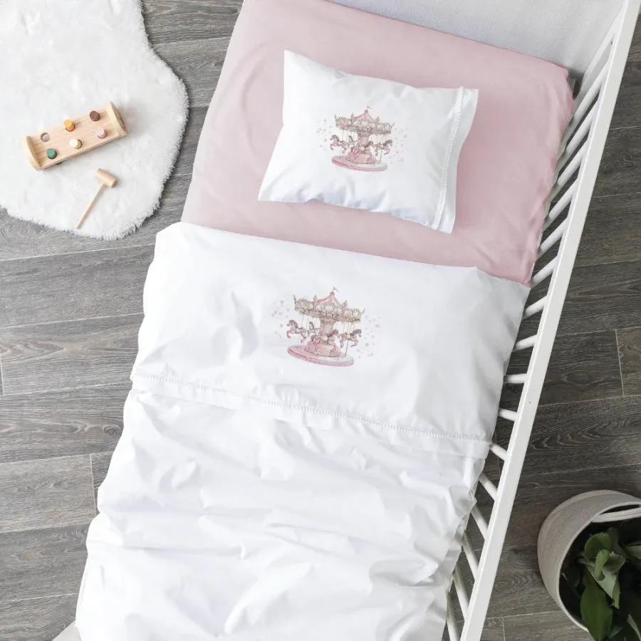 Σετ Σεντόνια Βρεφικά Μπεμπέ (120x160) Βαμβακερά Borea Carousel Λευκό-Ροζ