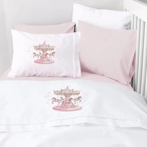 Σετ Σεντόνια Βρεφικά Κούνιας (120x160) Βαμβακερά Borea Carousel Λευκό-Ροζ