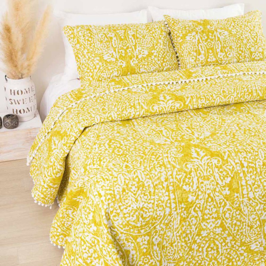 Σετ Κουβερλί Υπέρδιπλο (220x240) με μαξιλαροθήκες με πομ πον Borea Maya μουσταρδί