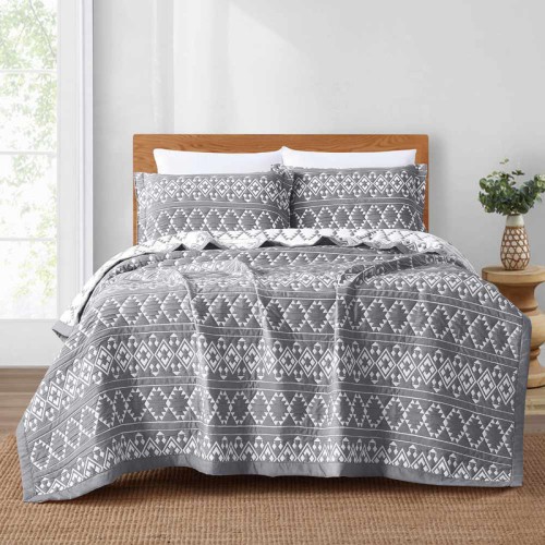 Σετ Κουβέρτα Ζακάρ Πολυτελείας Υπέρδιπλη (230x245) Με Μαξιλαροθήκες Borea Aztek Ανθρακί