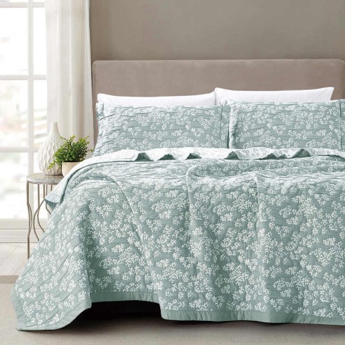 Σετ Κουβέρτα Ζακάρ Πολυτελείας Υπέρδιπλη (230x245) Με Μαξιλαροθήκες Borea Cherry Μέντα