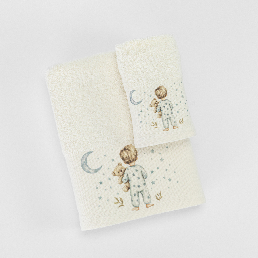 Σετ Πετσέτες 2 τεμαχίων Παιδικές (Χειρός | Λουτρού) Borea Goodnight Εκρού-Πετρόλ