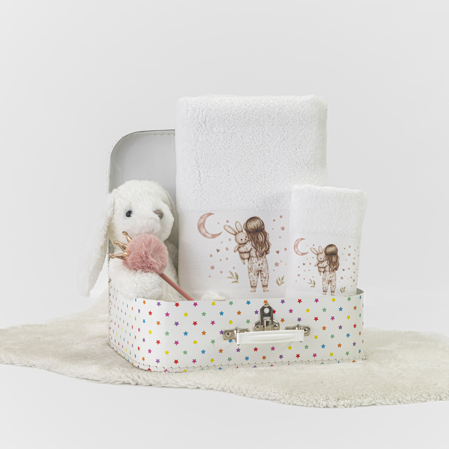 Σετ Πετσέτες 2 τεμαχίων Παιδικές (Χειρός | Λουτρού) Borea Goodnight Λευκό-Ροζέ