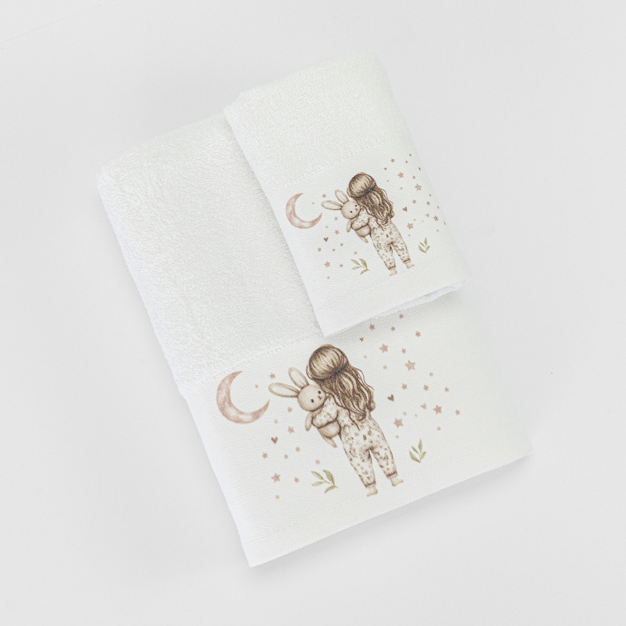 Σετ Πετσέτες 2 τεμαχίων Παιδικές (Χειρός | Λουτρού) Borea Goodnight Λευκό-Ροζέ