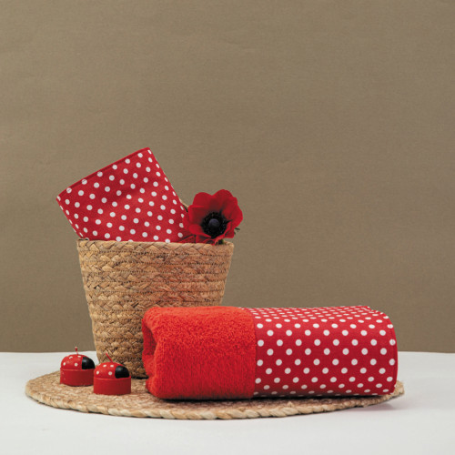 Σετ Πετσέτες 2 τεμ (Χειρός|Προσώπου) Με Υφασμάτινη Φάσα Κόκκινο Πουά Borea Rubia