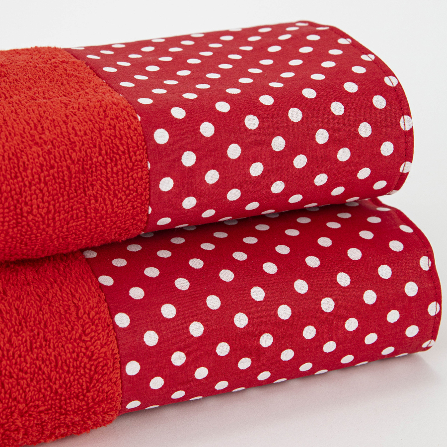 Σετ Πετσέτες 2 τεμ (Χειρός|Προσώπου) Με Υφασμάτινη Φάσα Κόκκινο Πουά Borea Rubia