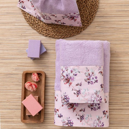 Σετ Πετσέτες 3 τεμ (Χειρός|Προσώπου|Λουτρού) Με Υφασμάτινη Φάσα Borea Αγριολούλουδο Λιλά