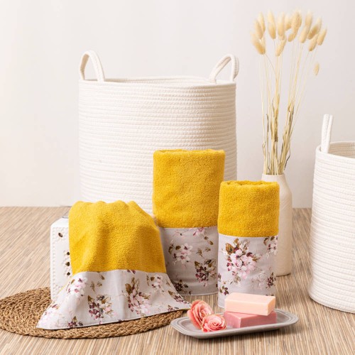 Σετ Πετσέτες 3 τεμ (Χειρός|Προσώπου|Λουτρού) Με Υφασμάτινη Φάσα Borea Αγριολούλουδο Μουσταρδί