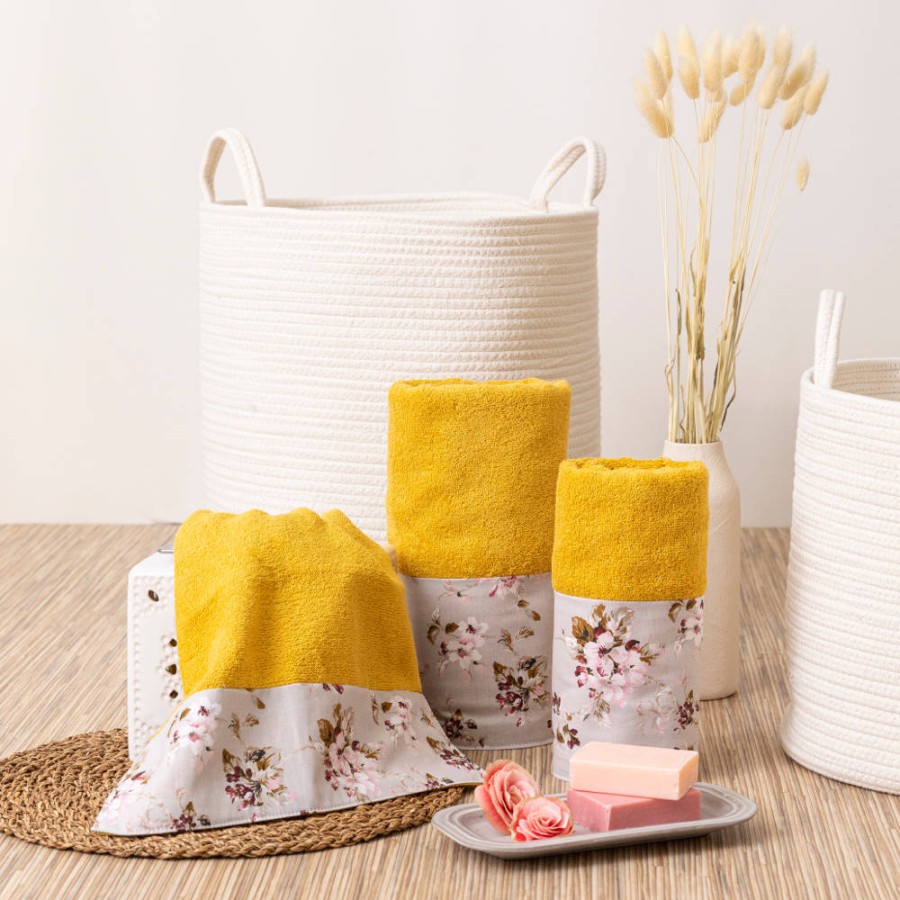 Σετ Πετσέτες 3 τεμ (Χειρός|Προσώπου|Λουτρού) Με Υφασμάτινη Φάσα Borea Αγριολούλουδο Μουσταρδί