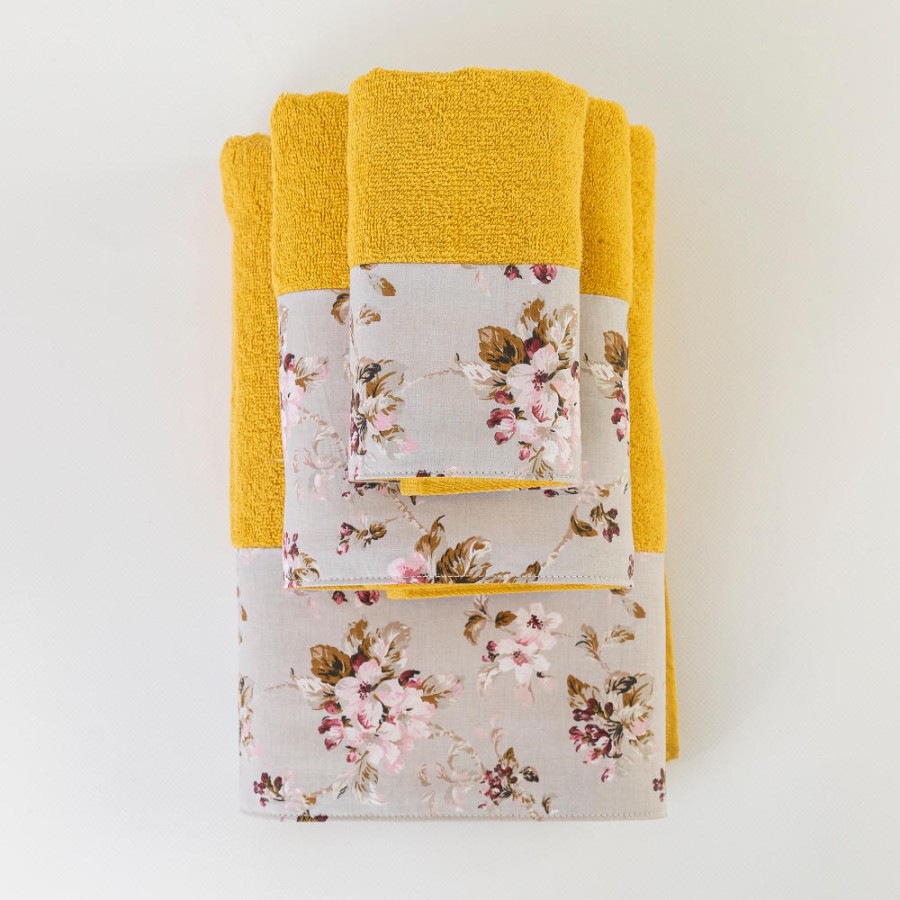 Σετ Πετσέτες 3 τεμ (Χειρός|Προσώπου|Λουτρού) Με Υφασμάτινη Φάσα Borea Αγριολούλουδο Μουσταρδί