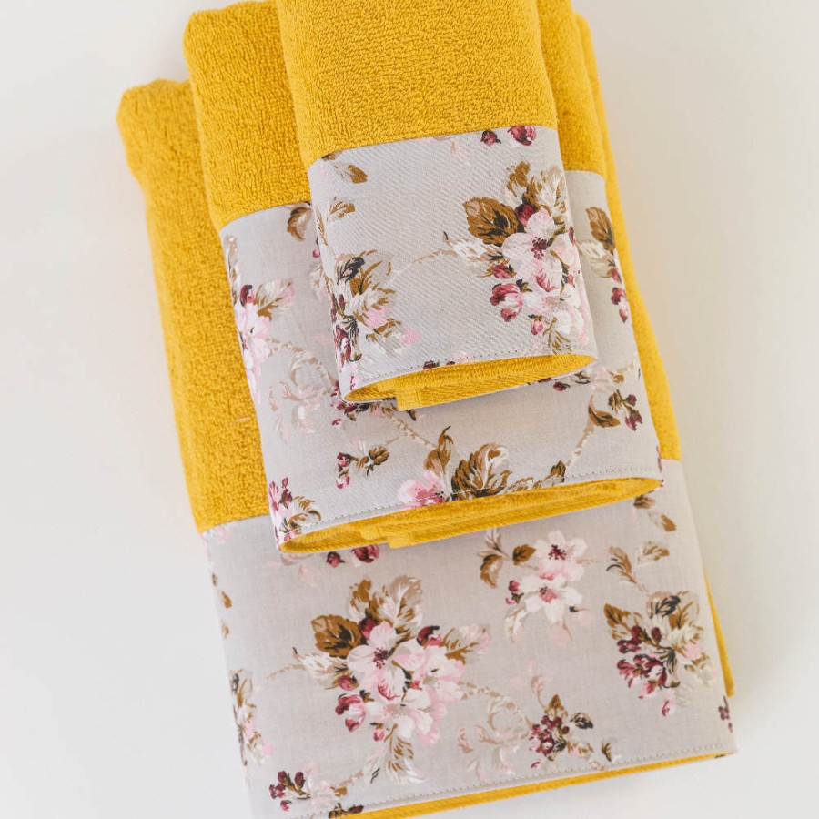 Σετ Πετσέτες 3 τεμ (Χειρός|Προσώπου|Λουτρού) Με Υφασμάτινη Φάσα Borea Αγριολούλουδο Μουσταρδί
