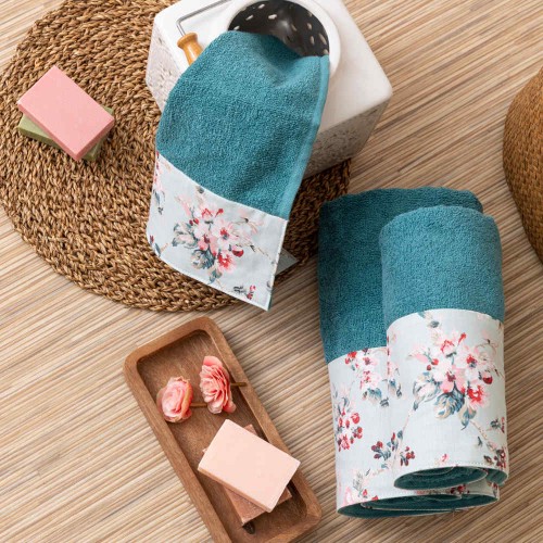 Σετ Πετσέτες 3 τεμ (Χειρός|Προσώπου|Λουτρού) Με Υφασμάτινη Φάσα Borea Αγριολούλουδο Πετρόλ