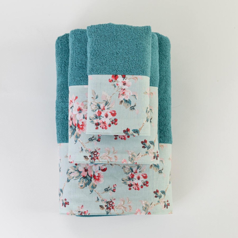 Σετ Πετσέτες 3 τεμ (Χειρός|Προσώπου|Λουτρού) Με Υφασμάτινη Φάσα Borea Αγριολούλουδο Πετρόλ