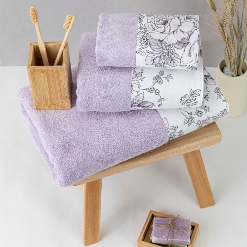 Σετ Πετσέτες 3 τεμ (Χειρός|Προσώπου|Λουτρού) Με Υφασμάτινη Φάσα Borea Beatrice Λιλά