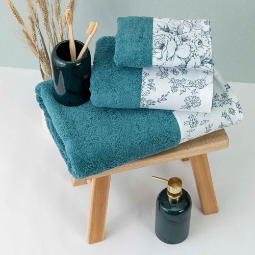 Σετ Πετσέτες 3 τεμ (Χειρός|Προσώπου|Λουτρού) Με Υφασμάτινη Φάσα Borea Beatrice Πετρόλ