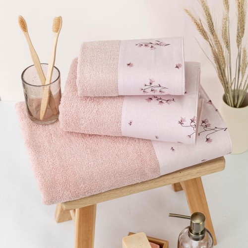 Σετ Πετσέτες 3 τεμ (Χειρός|Προσώπου|Λουτρού) Με Υφασμάτινη Φάσα Borea Campanula Πούδρα