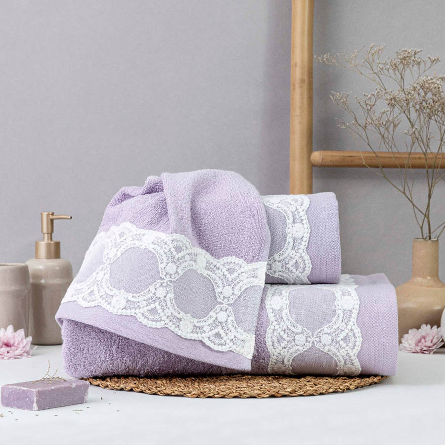 Σετ Πετσέτες 3 τεμ (Χειρός|Προσώπου|Λουτρού) με Δαντέλα Borea Δάφνη Λιλά