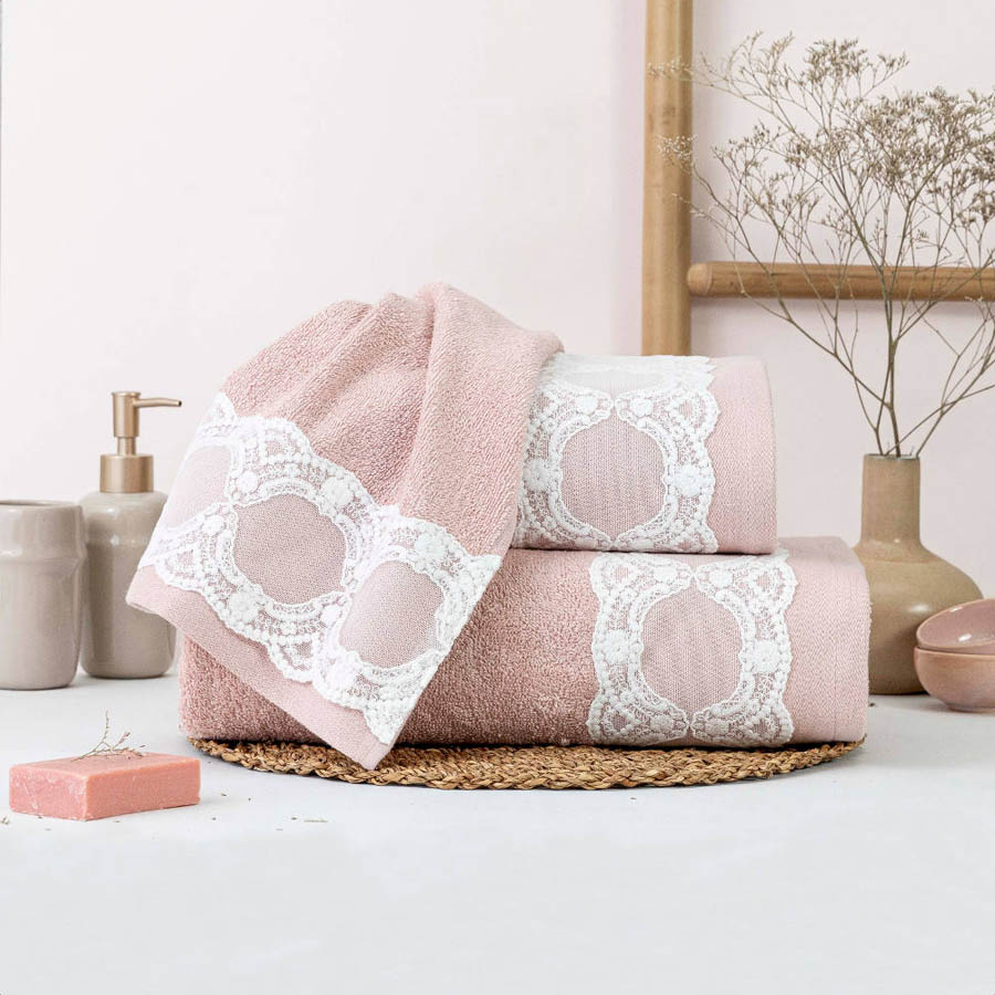 Σετ Πετσέτες 3 τεμ (Χειρός|Προσώπου|Λουτρού) με Δαντέλα Borea Δάφνη Πούδρα