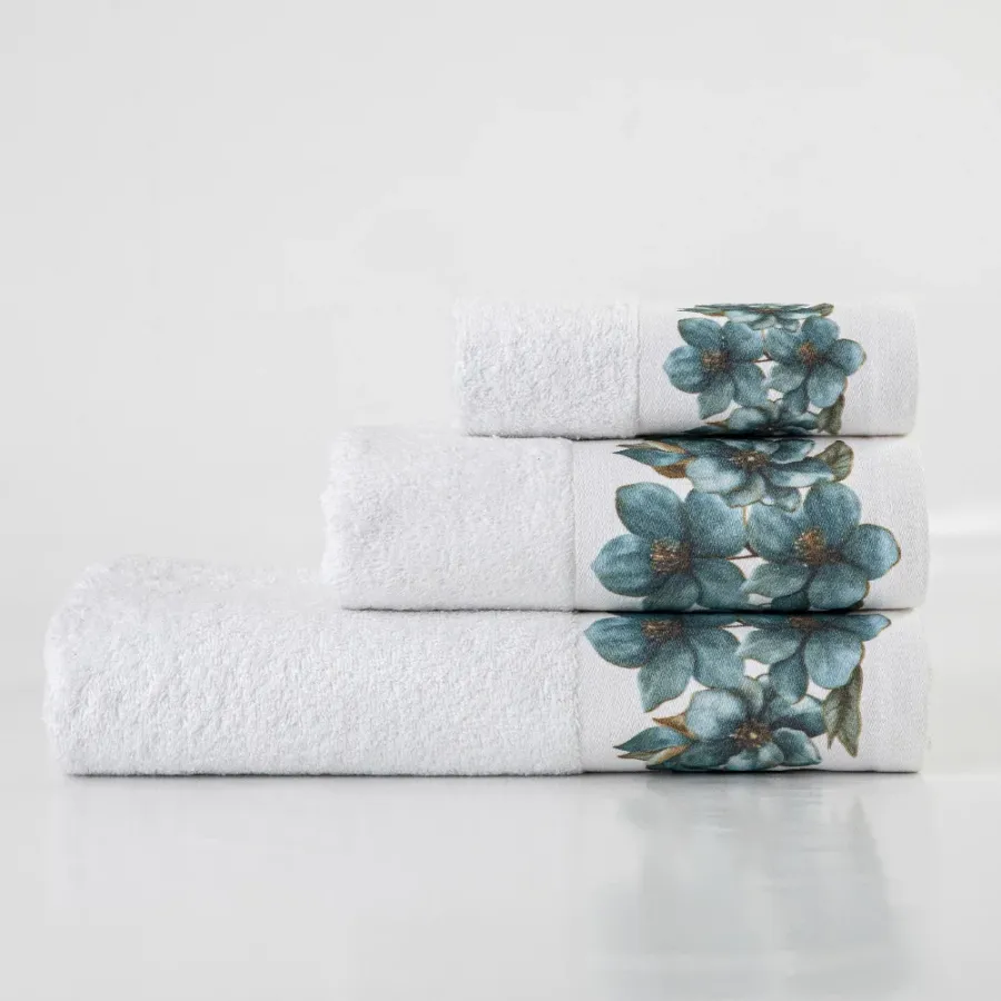 Σετ Πετσέτες 3 τεμ (Χειρός|Προσώπου|Λουτρού) Βαμβάκι Ψηφιακή Εκτύπωση Στη Φασα Borea Emerald Λευκό