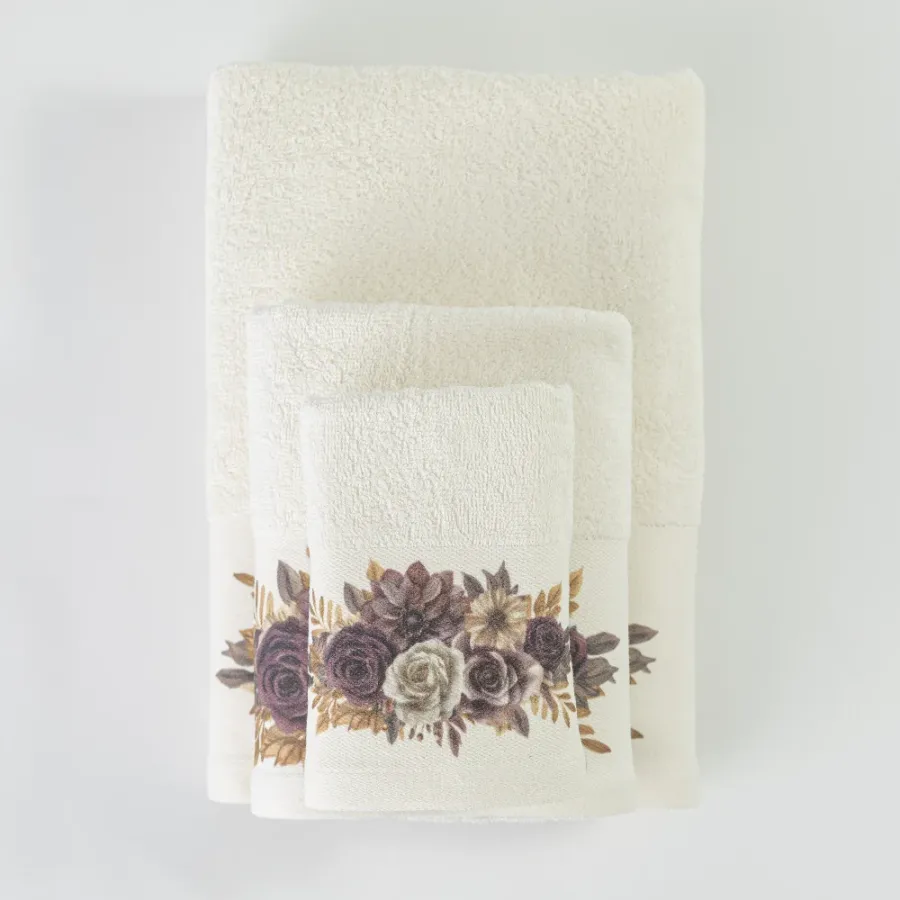 Σετ Πετσέτες 3 τεμ (Χειρός|Προσώπου|Λουτρού) Βαμβάκι Ψηφιακή Εκτύπωση Στη Φασα Borea Gerbera Εκρού