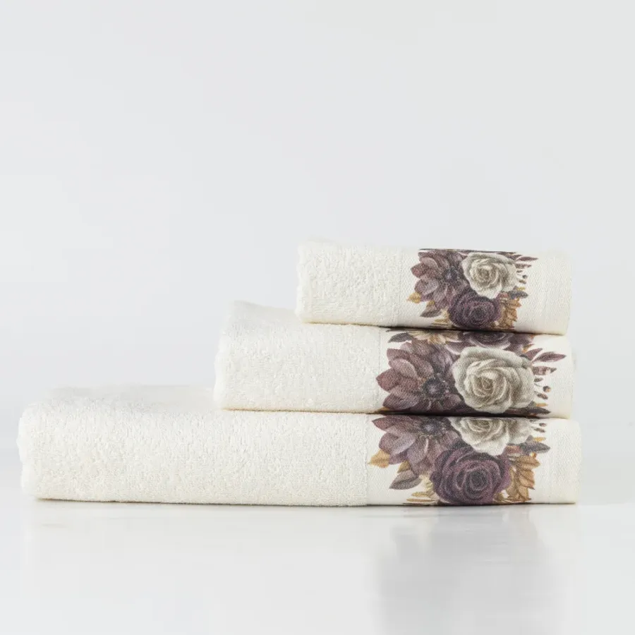Σετ Πετσέτες 3 τεμ (Χειρός|Προσώπου|Λουτρού) Βαμβάκι Ψηφιακή Εκτύπωση Στη Φασα Borea Gerbera Εκρού