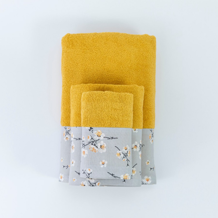 Σετ Πετσέτες 3 τεμ (Χειρός|Προσώπου|Λουτρού) Με Υφασμάτινη Φάσα Borea Jasmine Μουσταρδί
