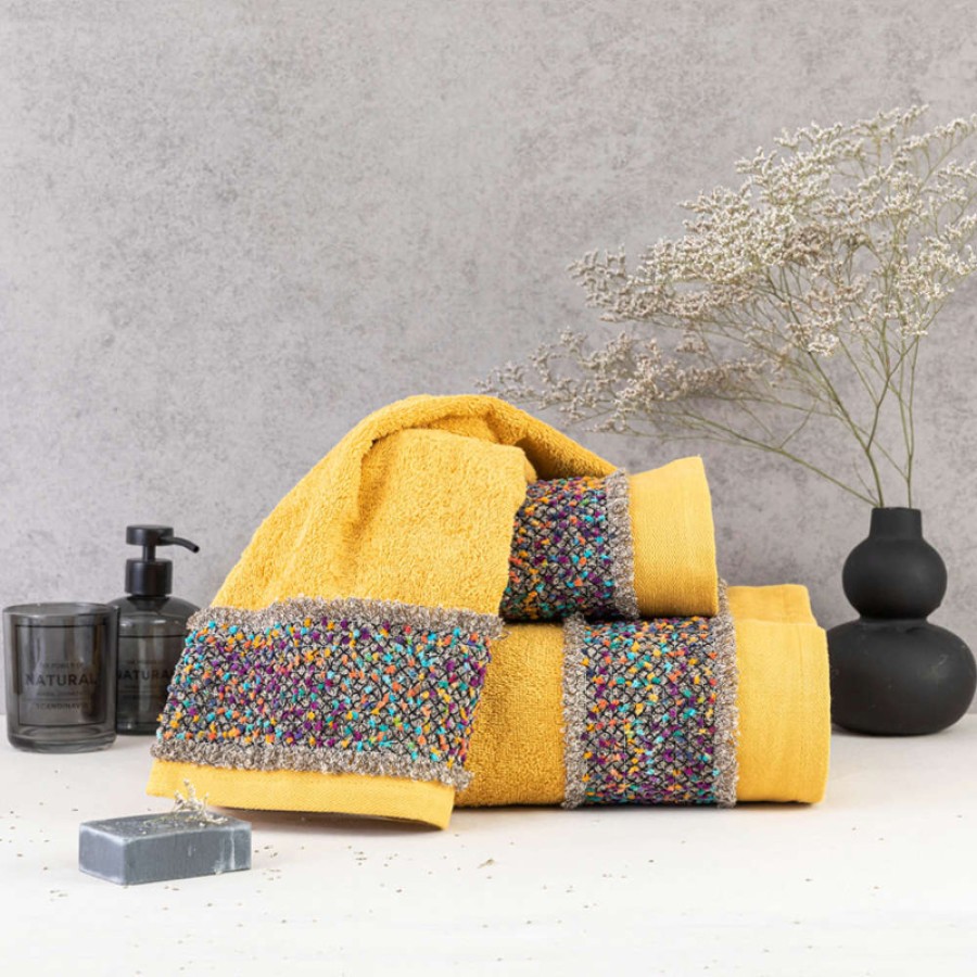 Σετ Πετσέτες 2 τεμ (Χειρός|Προσώπου) Βαμβακερές Με Σενίλ Δαντέλα Borea Jules Μουσταρδί