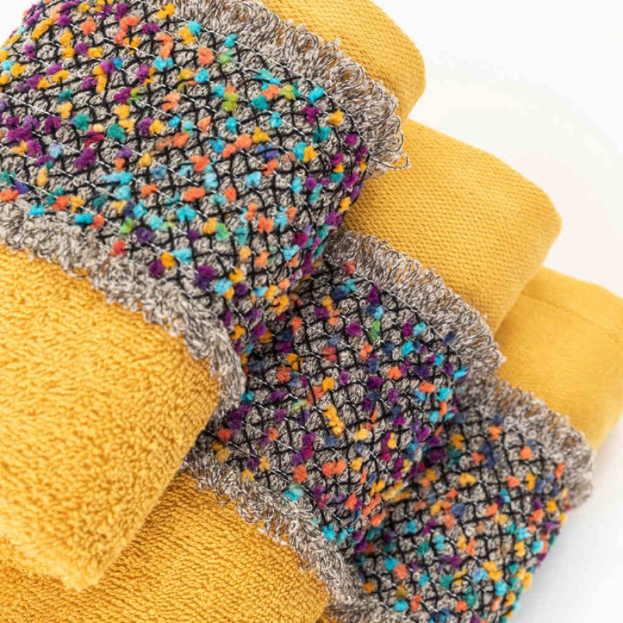 Σετ Πετσέτες 2 τεμ (Χειρός|Προσώπου) Βαμβακερές Με Σενίλ Δαντέλα Borea Jules Μουσταρδί