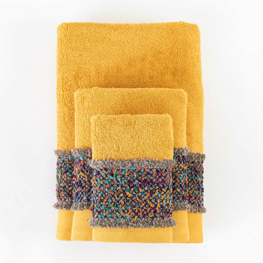 Σετ Πετσέτες 2 τεμ (Χειρός|Προσώπου) Βαμβακερές Με Σενίλ Δαντέλα Borea Jules Μουσταρδί