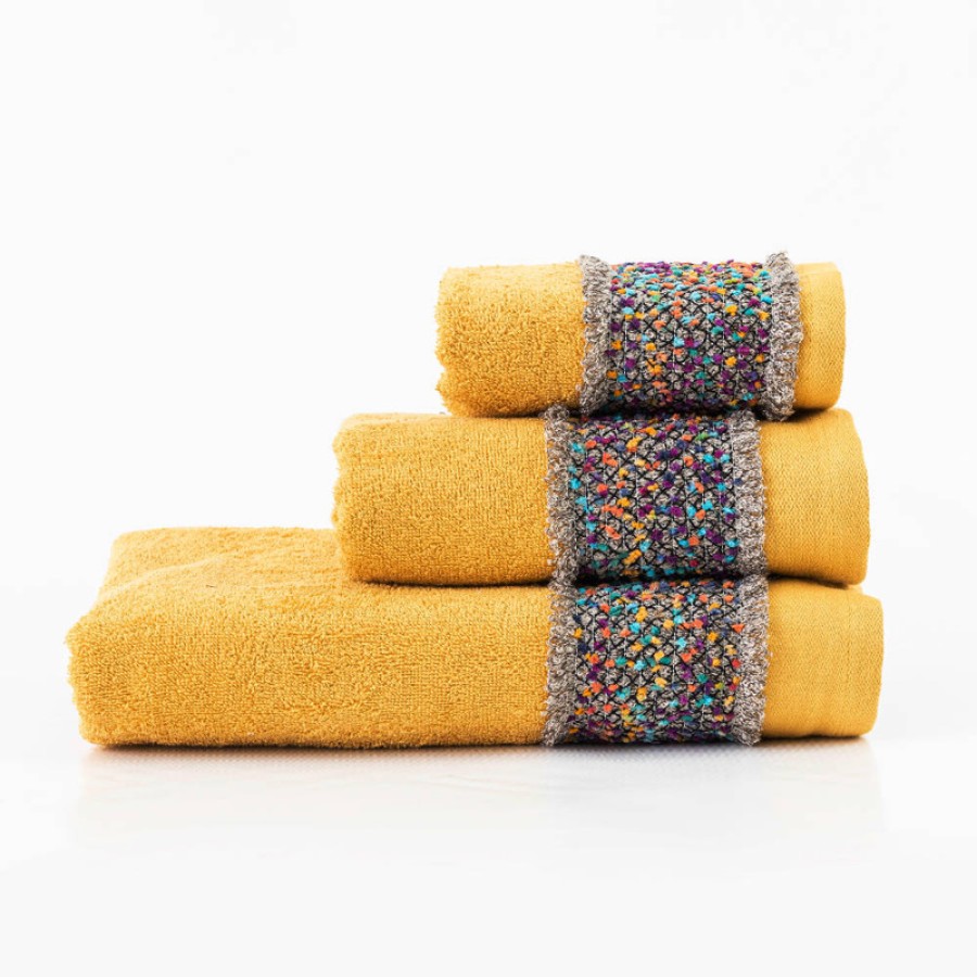 Σετ Πετσέτες 2 τεμ (Χειρός|Προσώπου) Βαμβακερές Με Σενίλ Δαντέλα Borea Jules Μουσταρδί