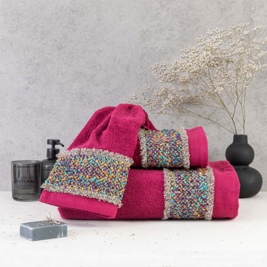 Σετ Πετσέτες 2 τεμ (Χειρός|Προσώπου) Βαμβακερές Με Σενίλ Δαντέλα Borea Jules Μπορντώ