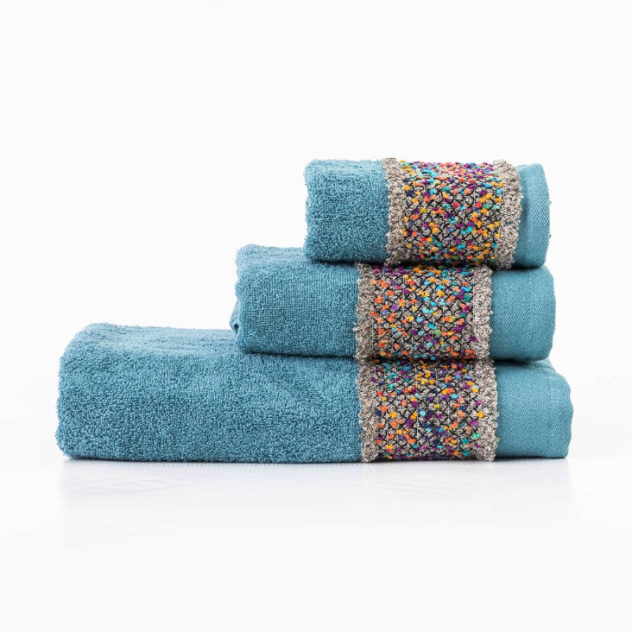 Σετ Πετσέτες 2 τεμ (Χειρός|Προσώπου) Βαμβακερές Με Σενίλ Δαντέλα Borea Jules Πετρόλ