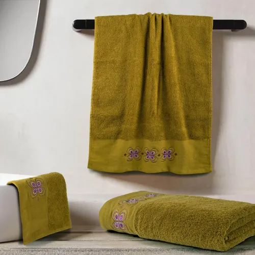 Σετ Πετσέτες 3 τεμ (Χειρός|Προσώπου|Λουτρού) Βαμβακερές Με Κέντημα Στη Φασα Borea Petalouda Λαδί