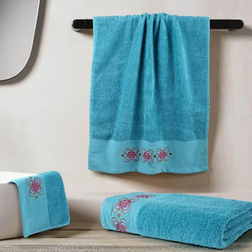 Σετ Πετσέτες 3 τεμ (Χειρός|Προσώπου|Λουτρού) Βαμβακερές Με Κέντημα Στη Φασα Borea Petalouda Πετρόλ