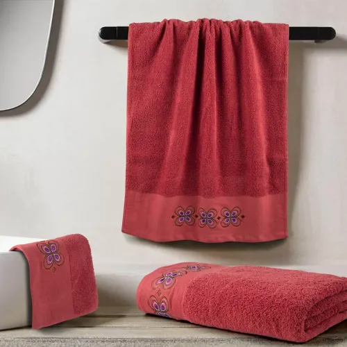 Σετ Πετσέτες 3 τεμ (Χειρός|Προσώπου|Λουτρού) Βαμβακερές Με Κέντημα Στη Φασα Borea Petalouda Τερακότα