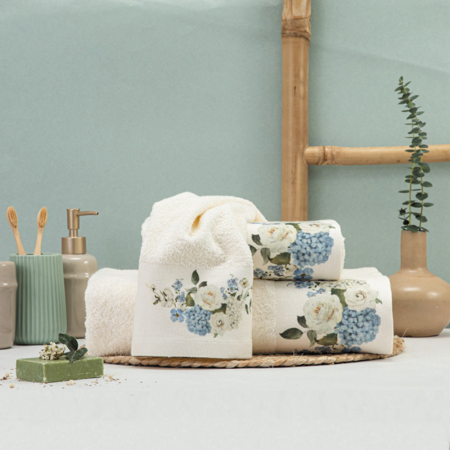 Σετ Πετσέτες 2 τεμ (Χειρός|Προσώπου) Με Ψηφιακή Εκτύπωση Στη Φάσα Borea Hortensia Εκρού