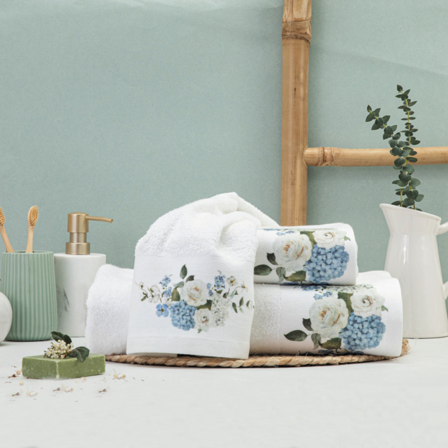 Σετ Πετσέτες 2 τεμ (Χειρός|Προσώπου) Με Ψηφιακή Εκτύπωση Στη Φάσα Borea Hortensia Λευκό