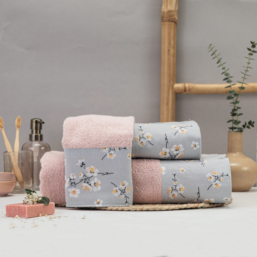Σετ Πετσέτες 3 τεμ (Χειρός|Προσώπου|Λουτρού) Με Υφασμάτινη Φάσα Borea Jasmine Πούδρα
