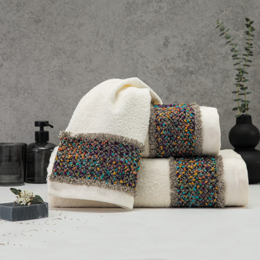 Σετ Πετσέτες 2 τεμ (Χειρός|Προσώπου) Βαμβακερές Με Σενίλ Δαντέλα Borea Jules Εκρού