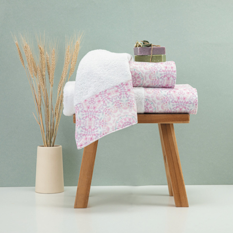 Σετ Πετσέτες 3 τεμ (Χειρός|Προσώπου|Λουτρού) Με Υφασμάτινη Φάσα Borea Μάνταλα Λευκό