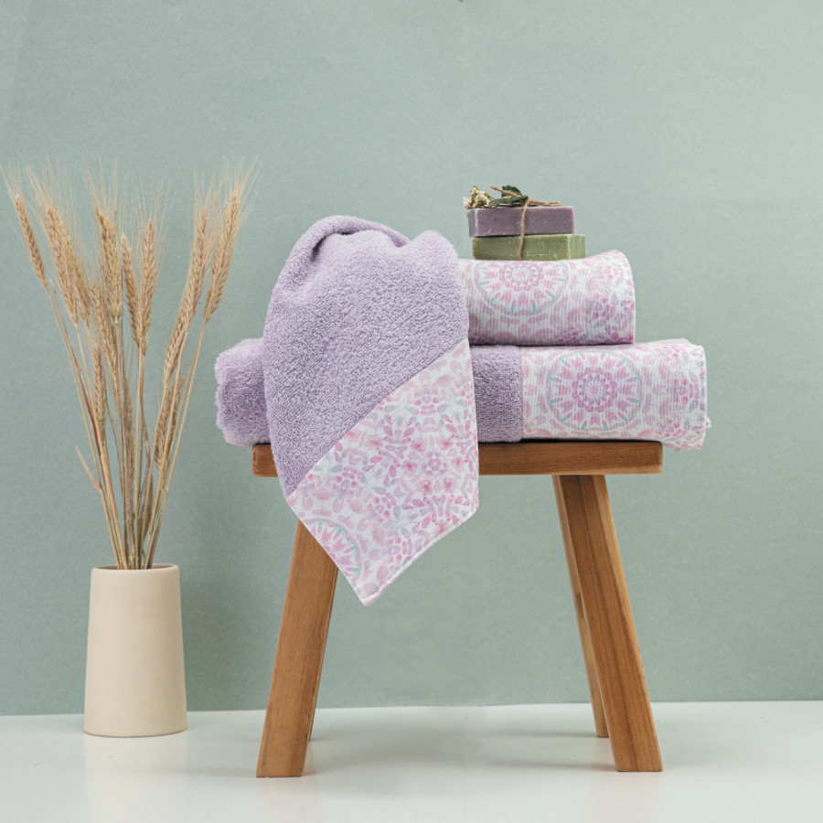 Σετ Πετσέτες 3 τεμ (Χειρός|Προσώπου|Λουτρού) Με Υφασμάτινη Φάσα Borea Μάνταλα Λιλά